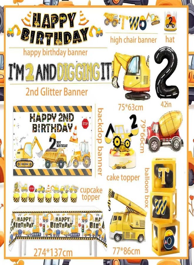BEOXAGAR Construction 2nd Birthday Party Supplies Boy Dump Truck Digger Zone 2nd Birthday Decorations include Balloon Garland Balloon Box Highchair Banner Cake Topper Hat Backdrop Banner Tablecloth - Image 4